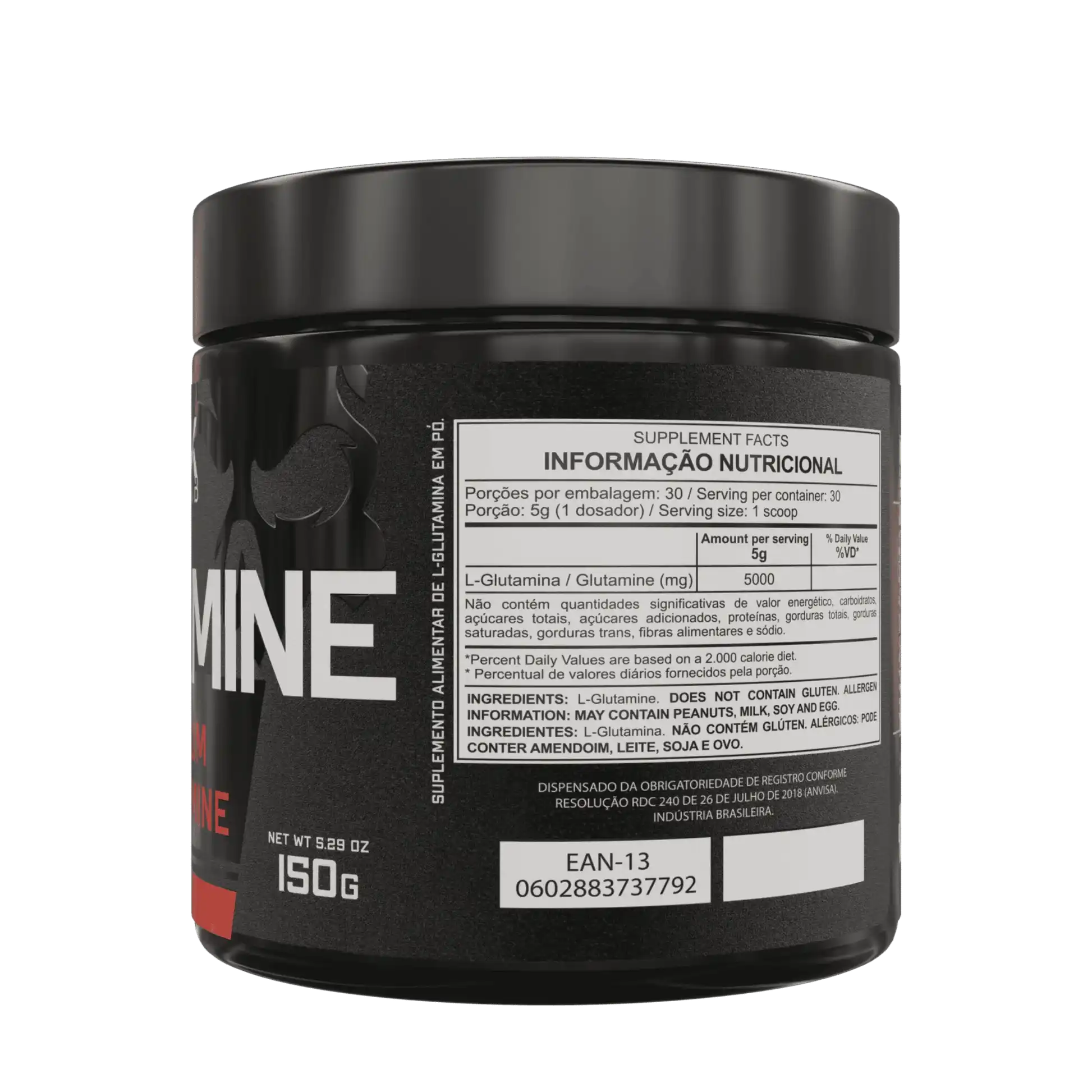 Informações nutricionais da Glutamina premium da Dark Lab no pote de 150g
