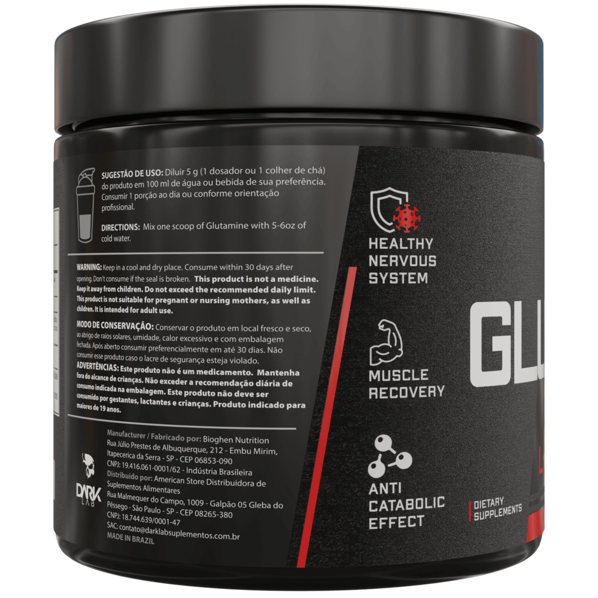 Informações de como consumir Glutamina premium da Dark Lab no pote de 150g