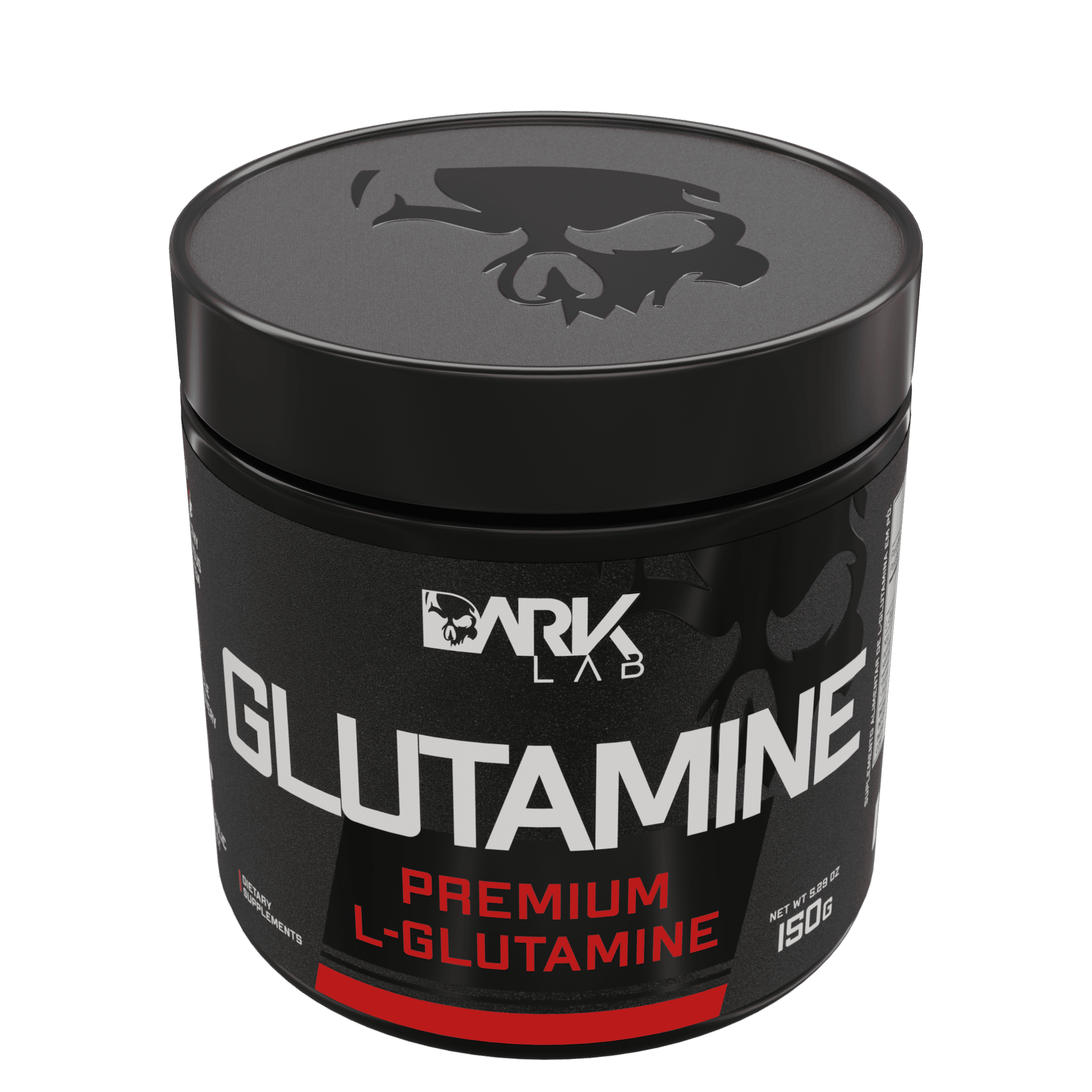 Pote de glutamina premium Dark Lab com a caveira, ícone da marca na tampa da embalagem