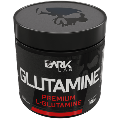 Pote de glutamina premium Dark Lab com a caveira, ícone da marca na tampa da embalagem