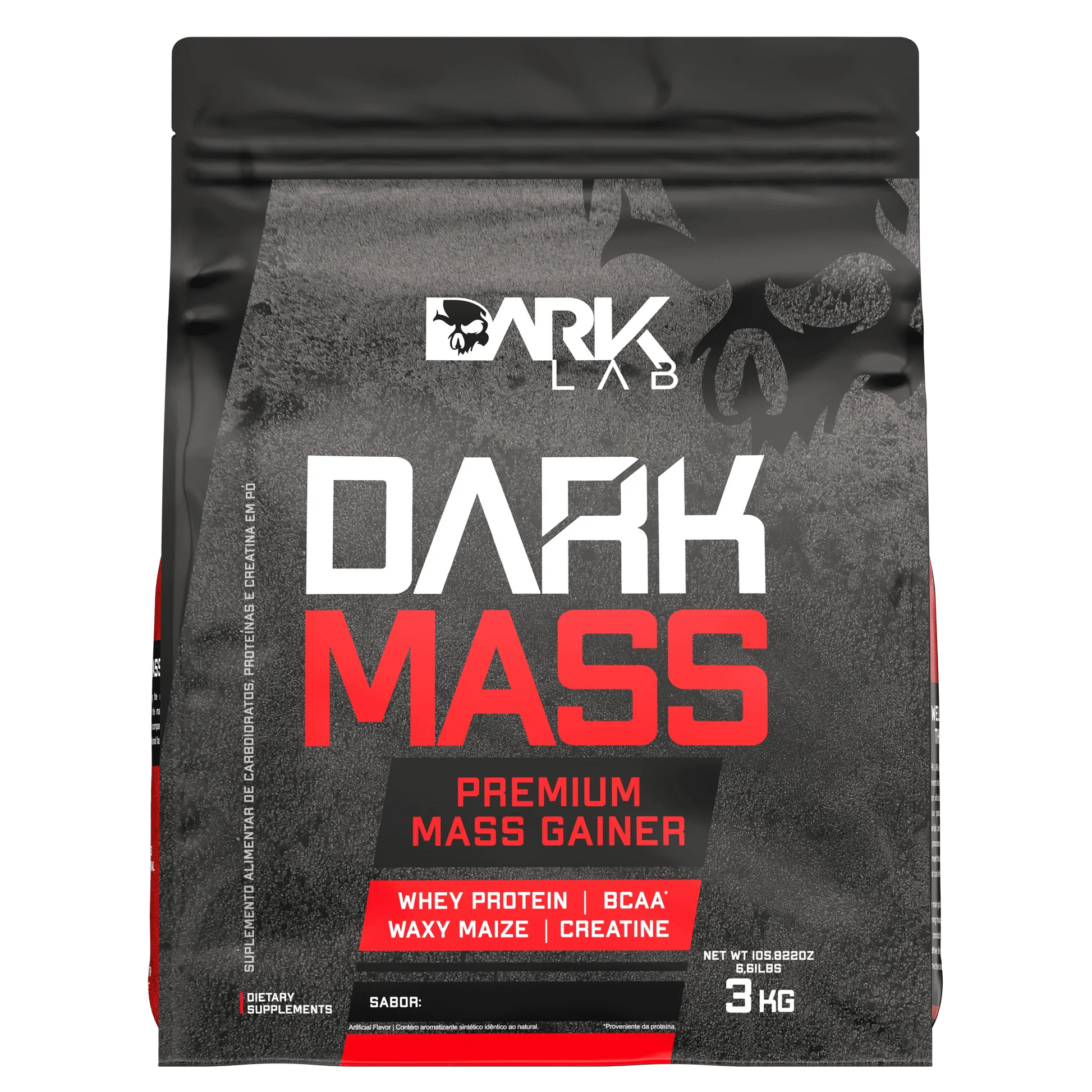 Embalagem de 3kg do hipercalórico darkmass com whey protein, BCAA, Waxy Maize e Creatina da Dark Lab