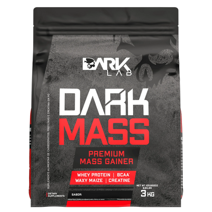 Embalagem de 3kg do hipercalórico darkmass com whey protein, BCAA, Waxy Maize e Creatina da Dark Lab