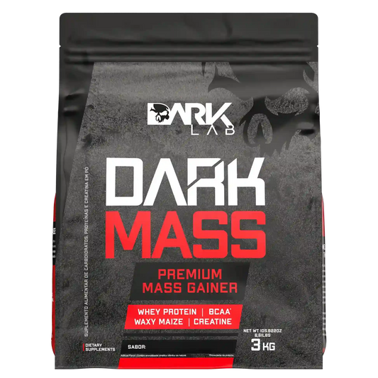 Embalagem de 3kg do hipercalórico darkmass com whey protein, BCAA, Waxy Maize e Creatina da Dark Lab