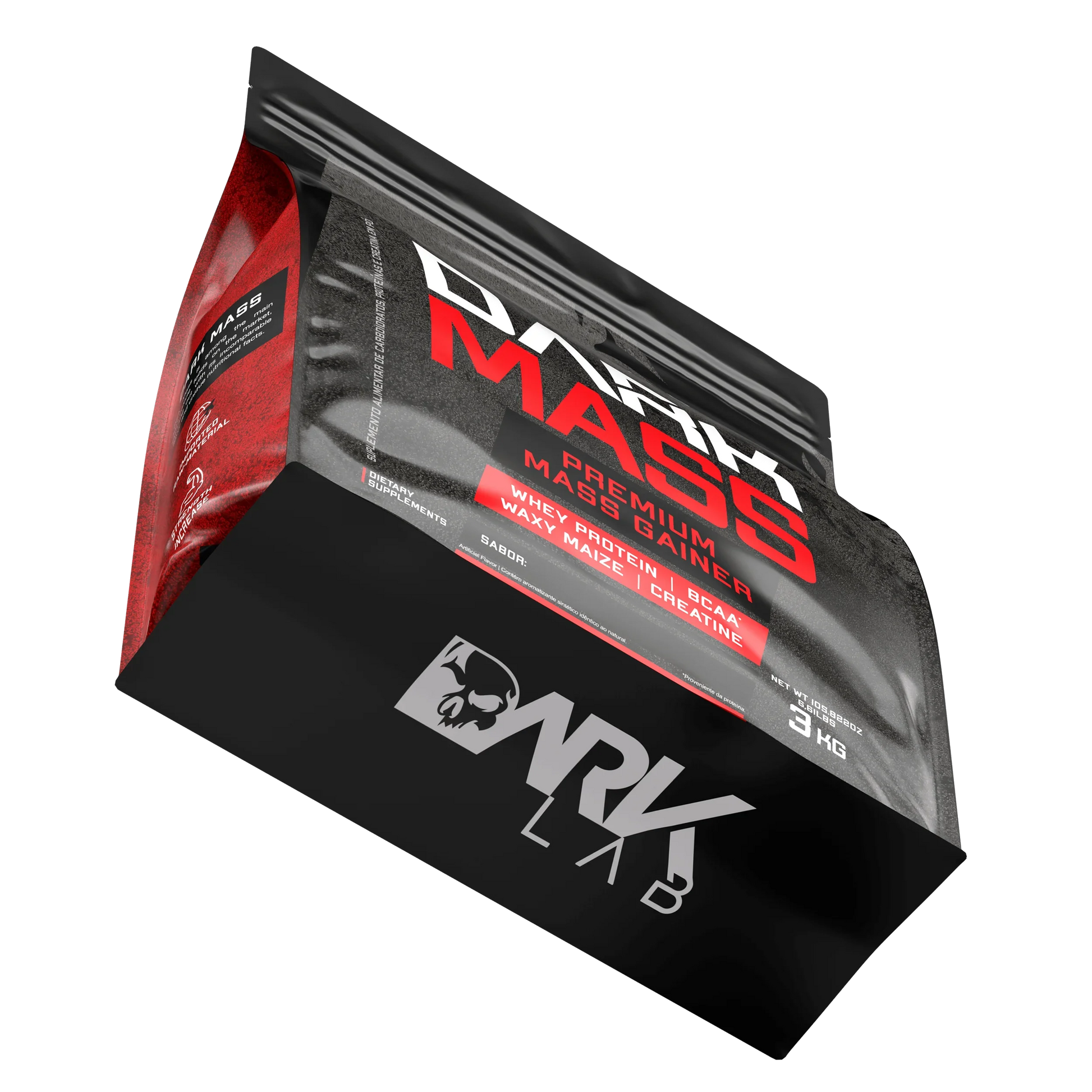 Embalagem de 3kg do hipercalórico darkmass com whey protein, BCAA, Waxy Maize e Creatina mostrando a parte do fundo do pacote com a logo da Dark Lab