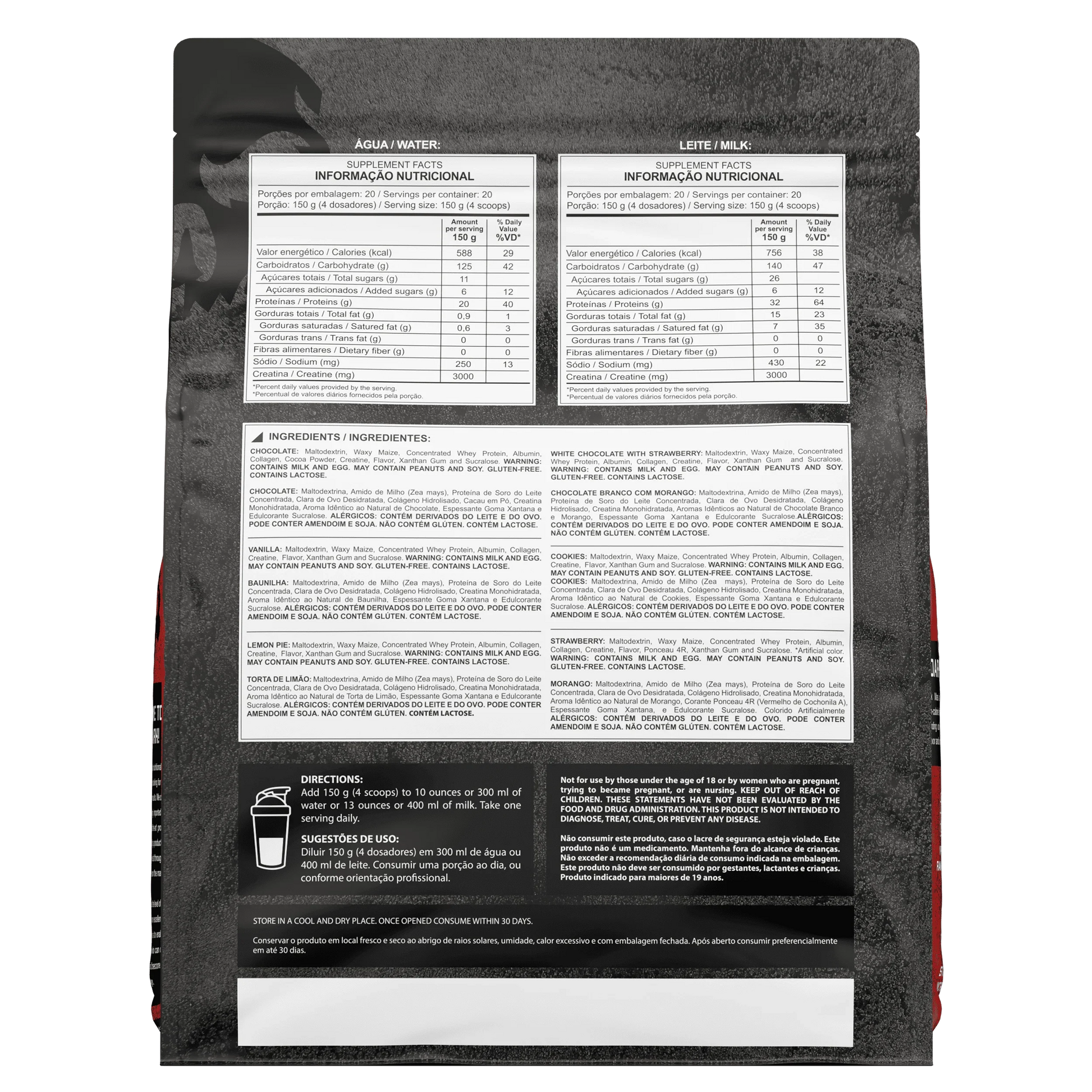 Parte de trás da embalagem de 3kg com as informações nutricionais, informações de uso e ingredientes do hipercalórico Dark Mass da Dark Lab.