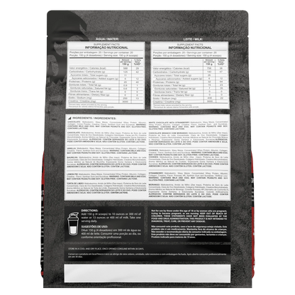 Parte de trás da embalagem de 3kg com as informações nutricionais, informações de uso e ingredientes do hipercalórico Dark Mass da Dark Lab.