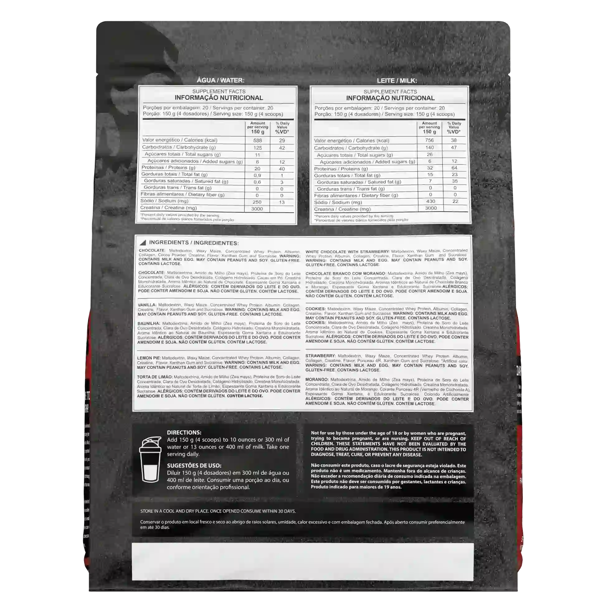 Parte de trás da embalagem de 3kg com as informações nutricionais, informações de uso e ingredientes do hipercalórico Dark Mass da Dark Lab.