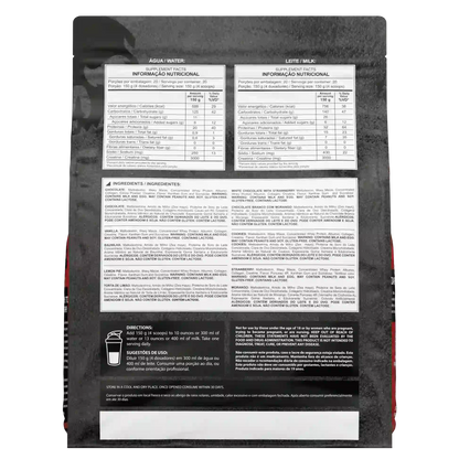 Parte de trás da embalagem de 3kg com as informações nutricionais, informações de uso e ingredientes do hipercalórico Dark Mass da Dark Lab.