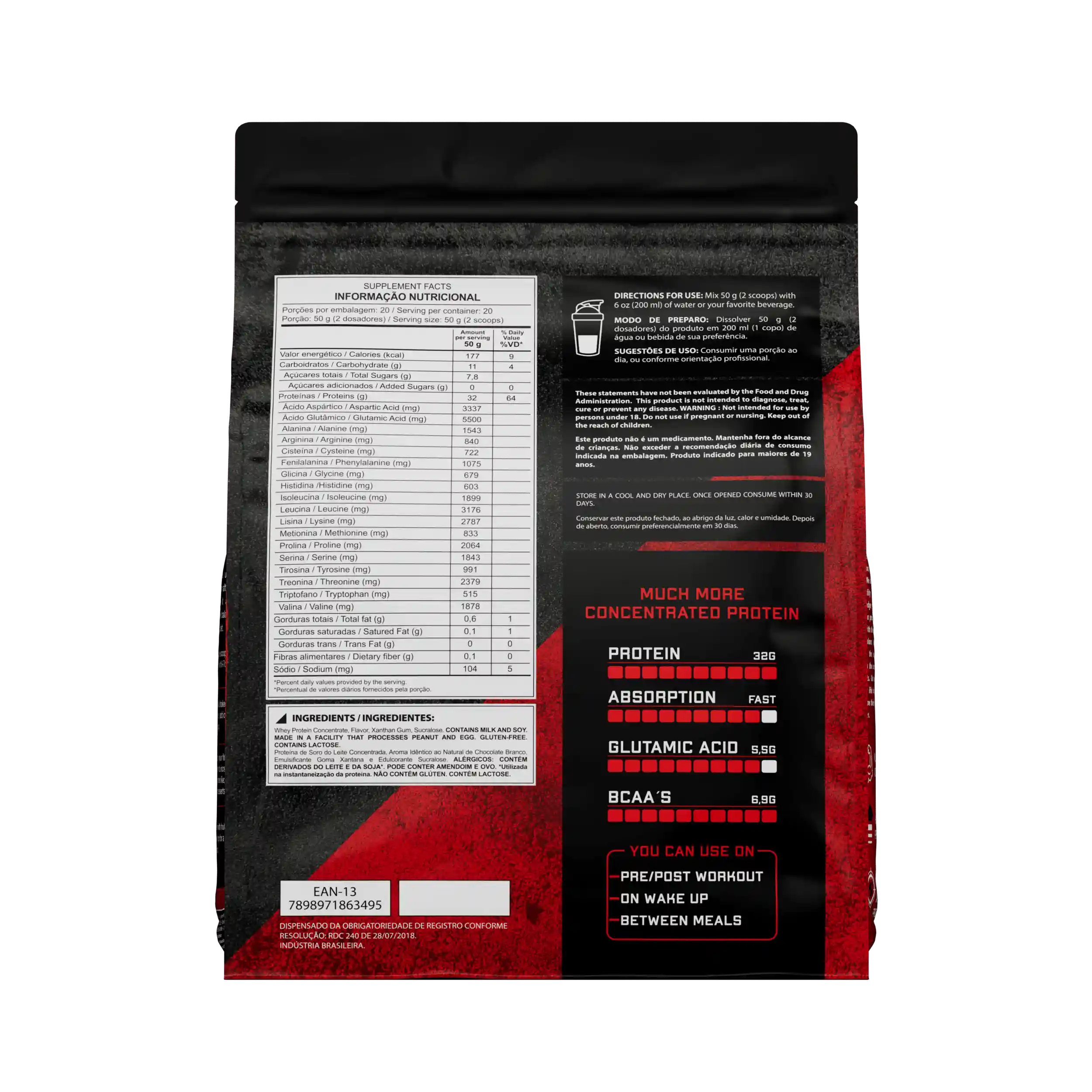 Embalagem de 1kg de whey protein concentrado da marca Dark Lab com informações nutricionais do sabor chocolate branco