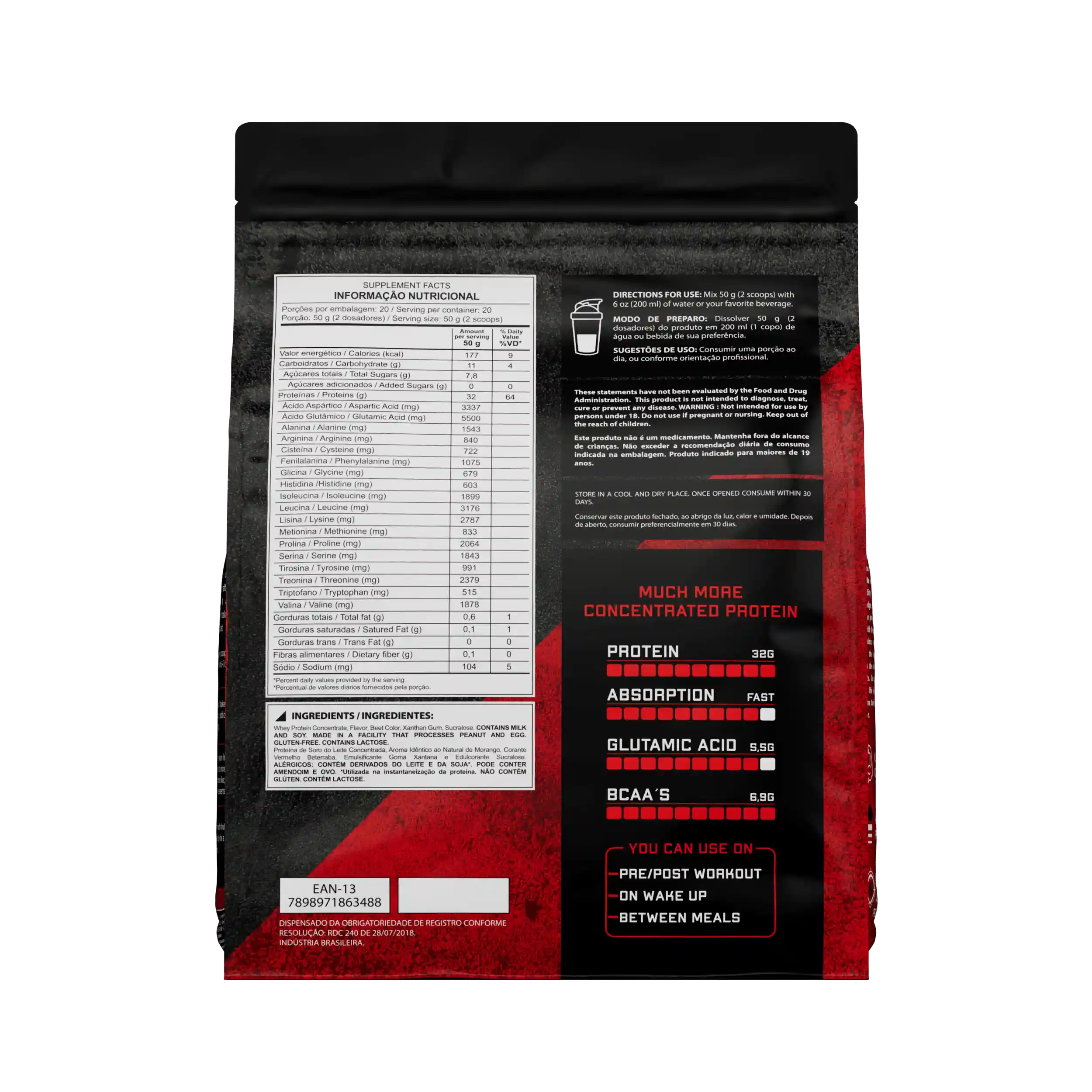 Embalagem de 1kg de whey protein concentrado da marca Dark Lab com informações nutricionais do sabor chocolate morango