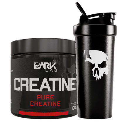 Kit composto pelo pote de 150g da creatina dark lab mais uma coqueteleira de caveira preta