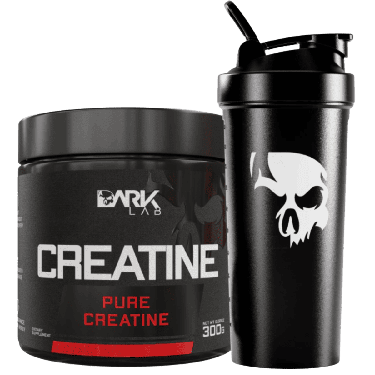 Kit composto pelo pote de 300g da creatina dark lab mais uma coqueteleira de caveira preta
