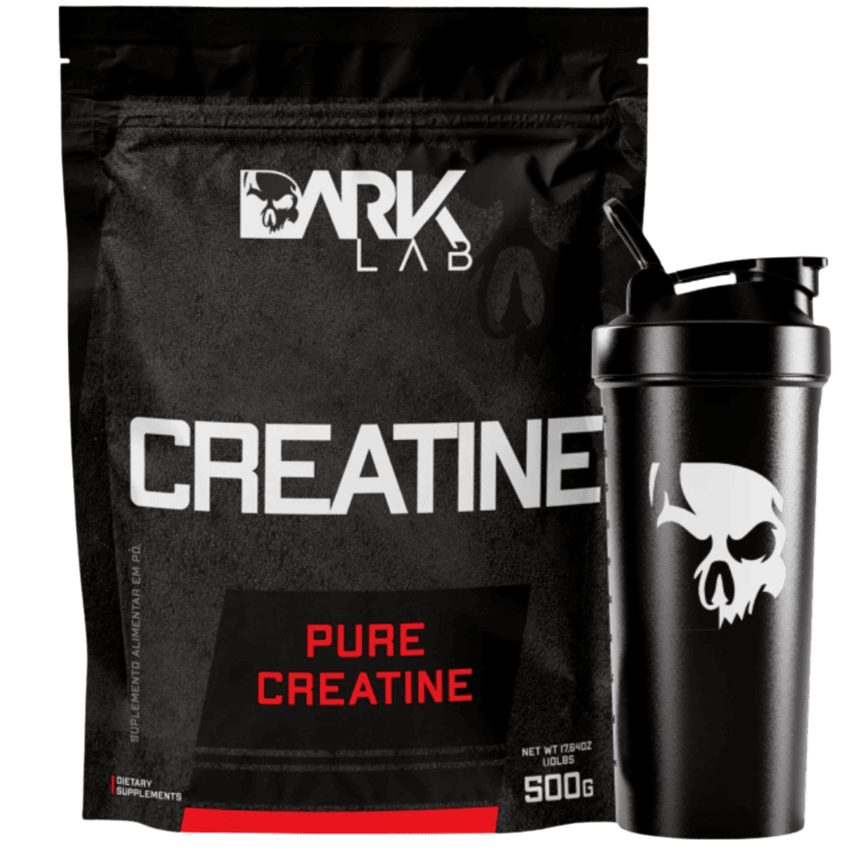 Kit composto pelo pote de 500g da creatina dark lab mais uma coqueteleira de caveira preta