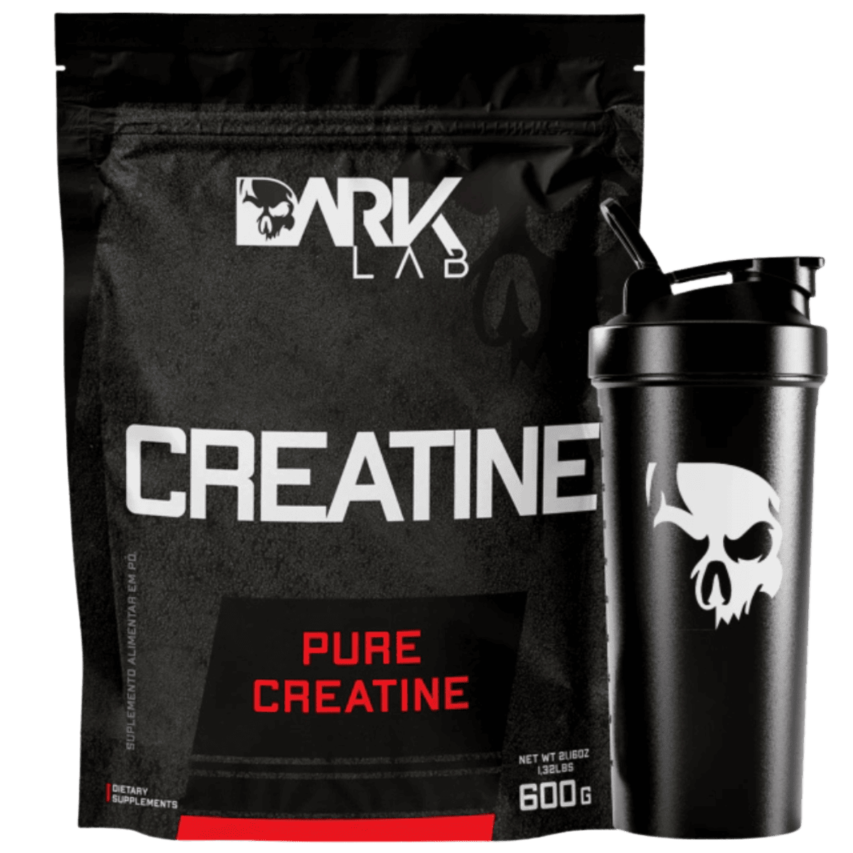 Kit composto pelo pote de 600g da creatina dark lab mais uma coqueteleira de caveira preta