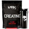 Kit composto pelo pote de 600g da creatina dark lab mais uma coqueteleira de caveira preta