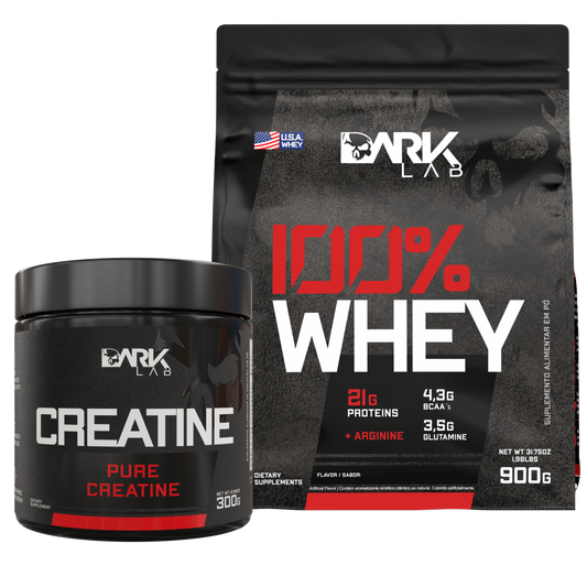 Um pote de creatina de 300g mais uma embalagem de 900g de Whey Protein no kit de Whey mais creatina da Dark Lab