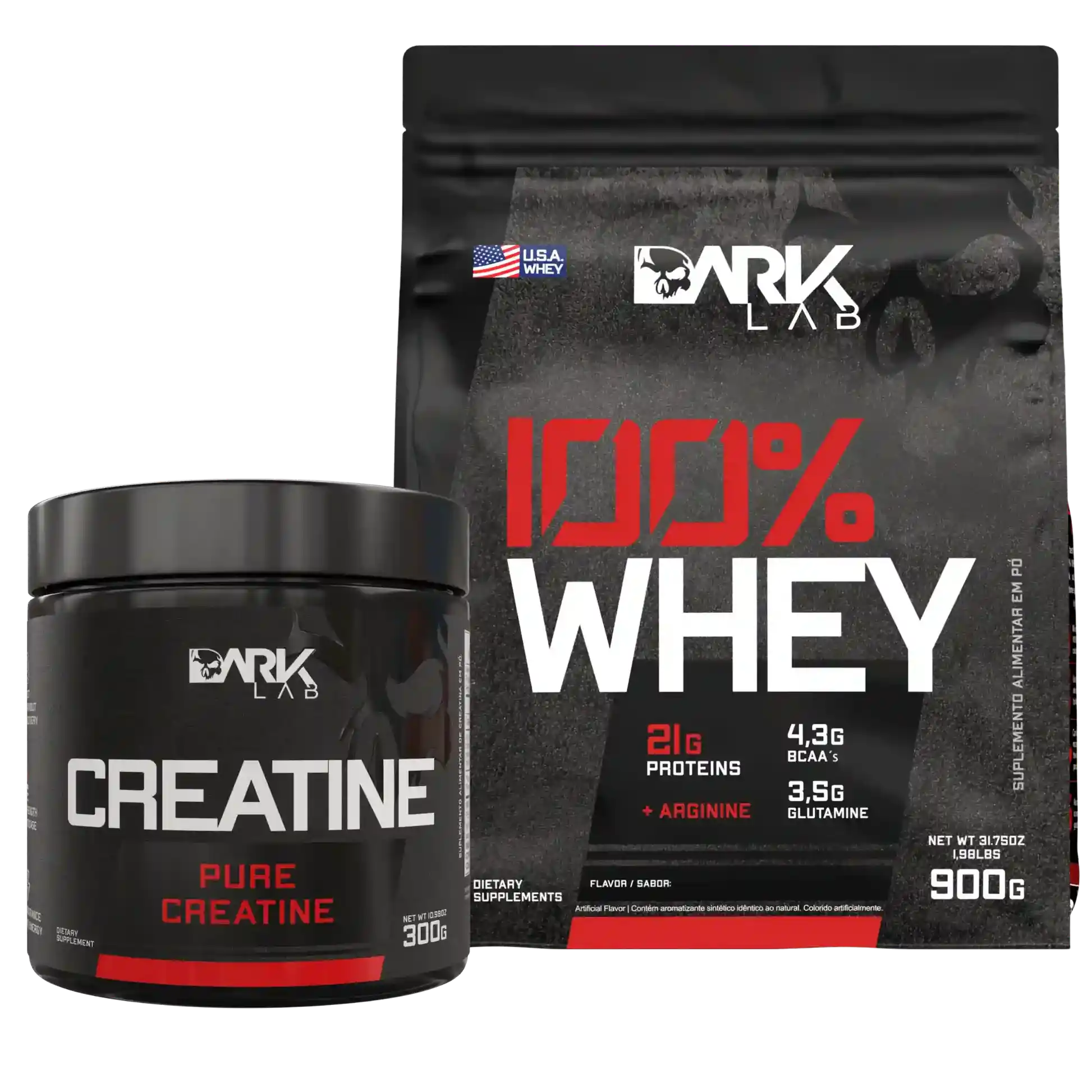 Um pote de creatina de 300g mais uma embalagem de 900g de Whey Protein no kit de Whey mais creatina da Dark Lab