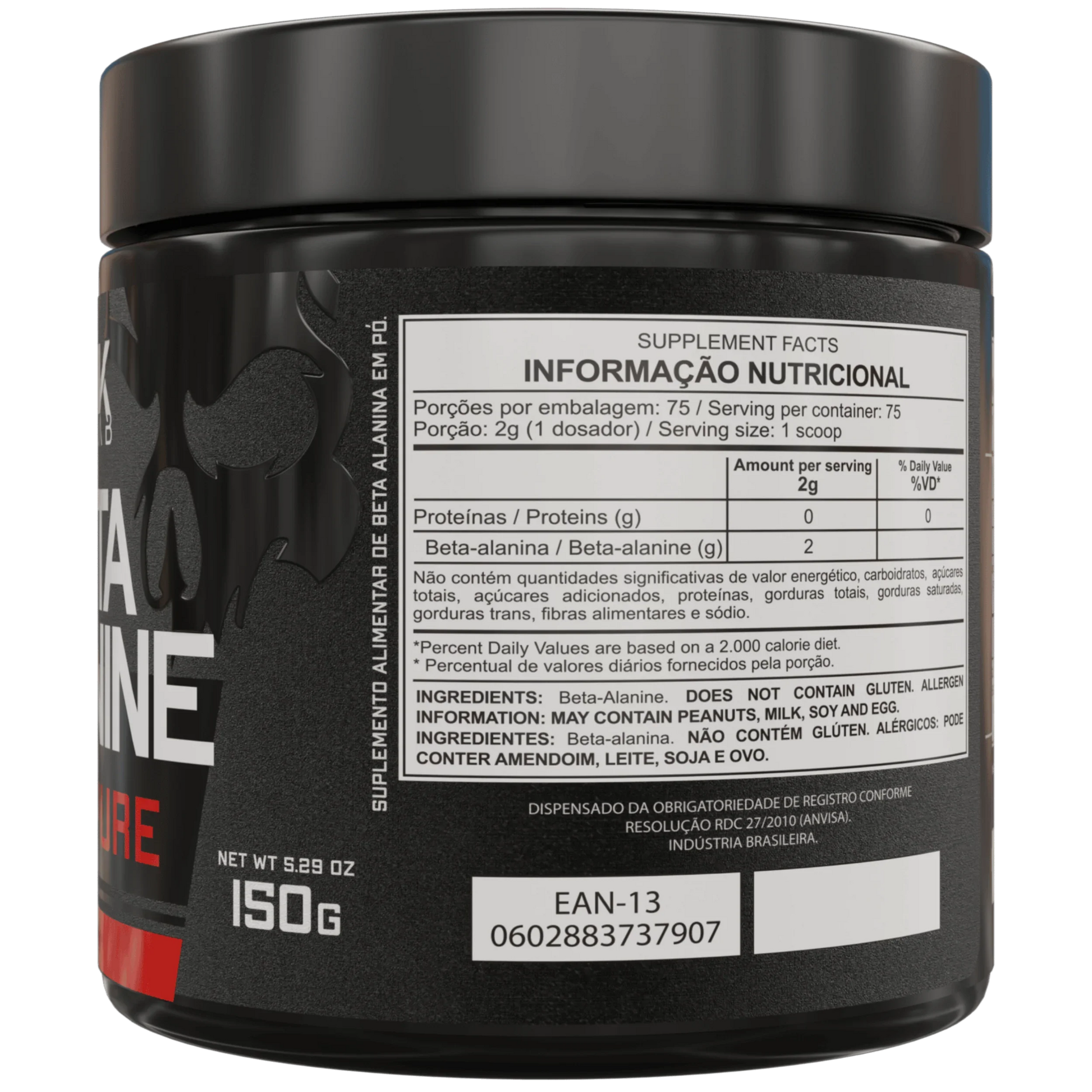 Parte de trás do pote de 150g de beta alamina 100% pura com as informações nutricionais do produto da marca Dark Lab