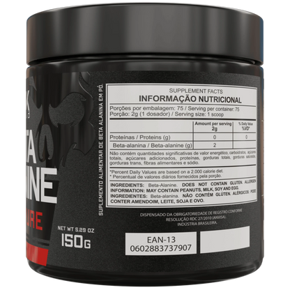 Parte de trás do pote de 150g de beta alamina 100% pura com as informações nutricionais do produto da marca Dark Lab
