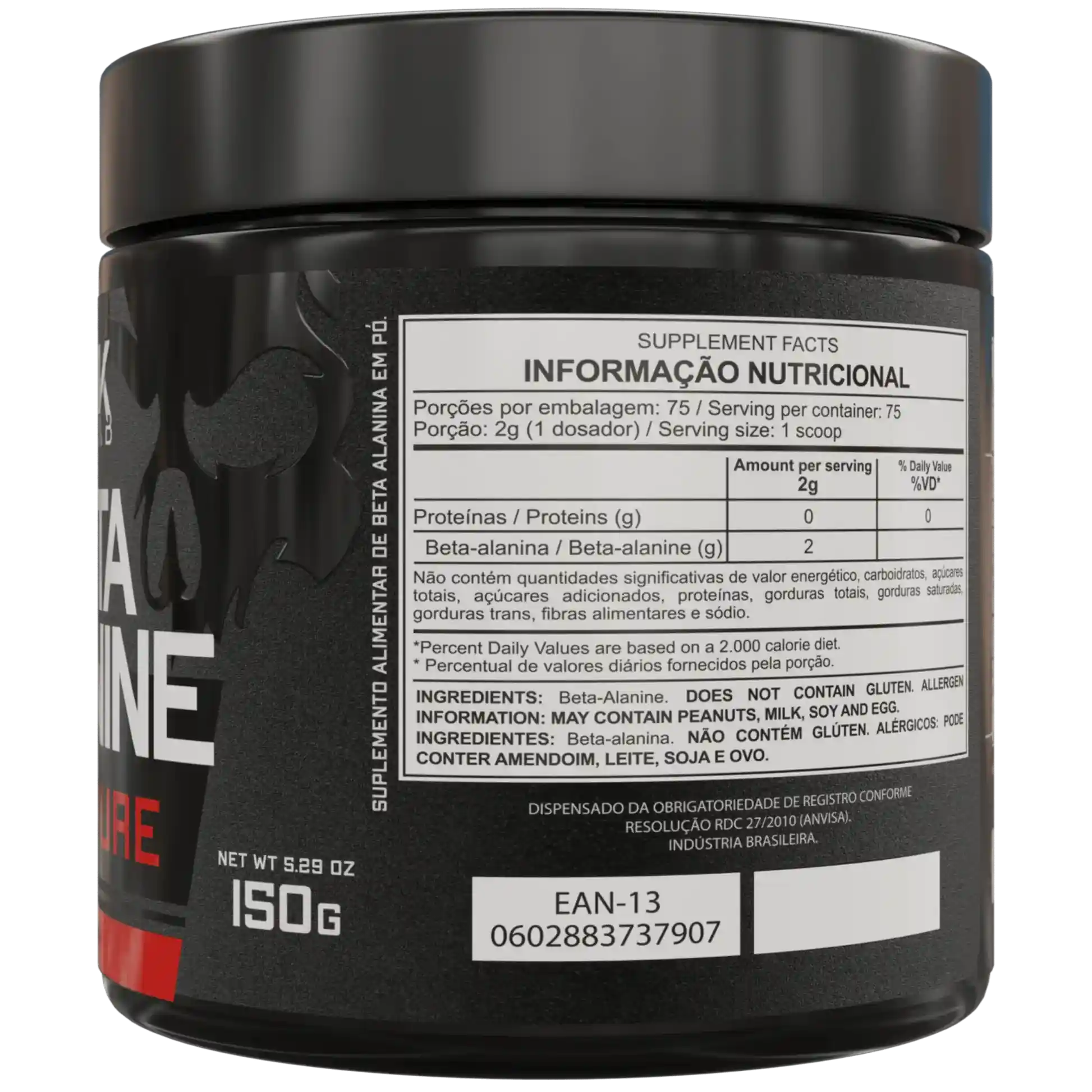 Parte de trás do pote de 150g de beta alamina 100% pura com as informações nutricionais do produto da marca Dark Lab