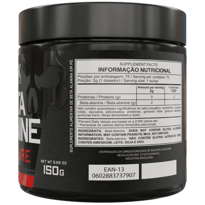 Parte de trás do pote de 150g de beta alamina 100% pura com as informações nutricionais do produto da marca Dark Lab