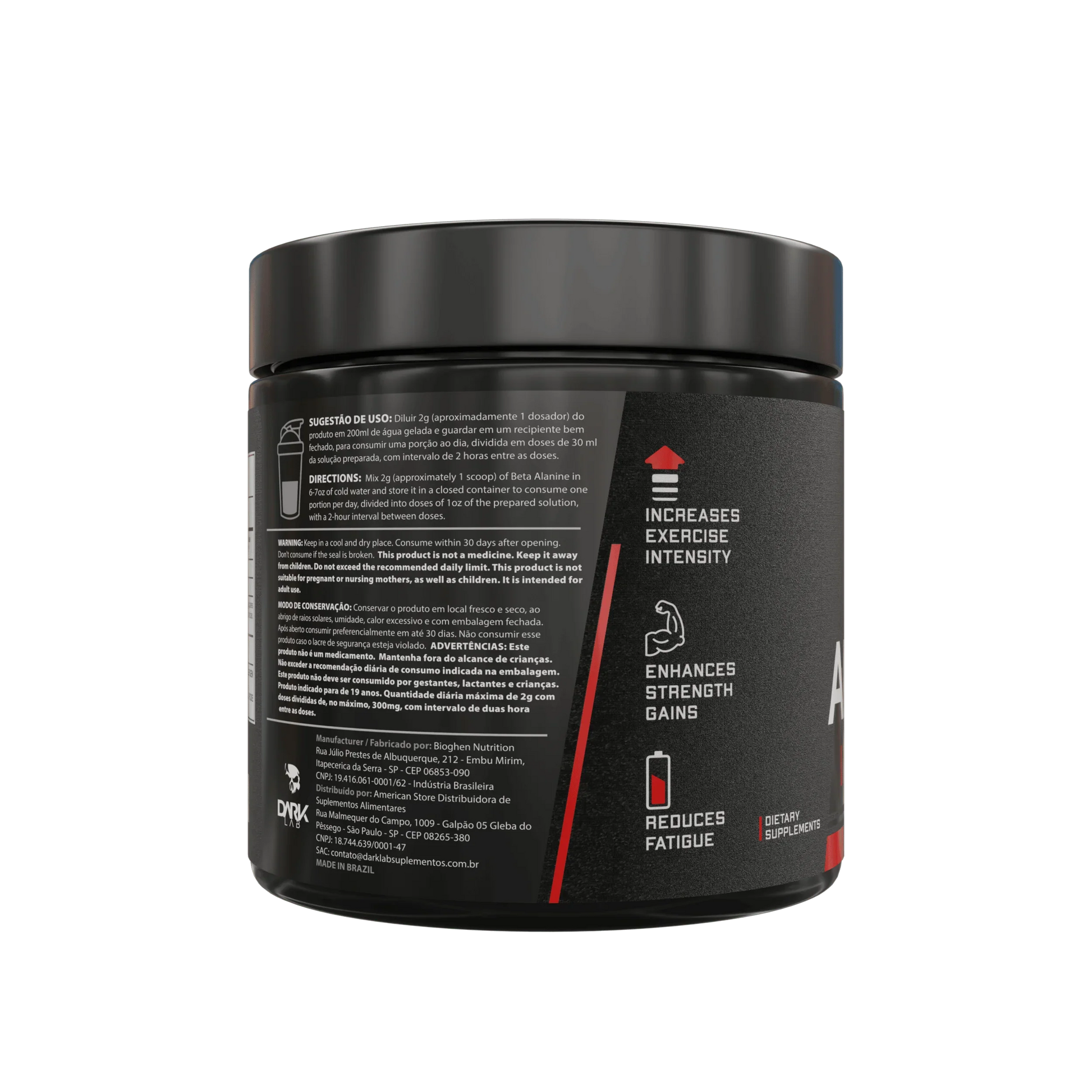 Lateral do pote de 150g de beta alamina da Dark Lab com informações sobre como consumir beta alamina e benefícios do produto 