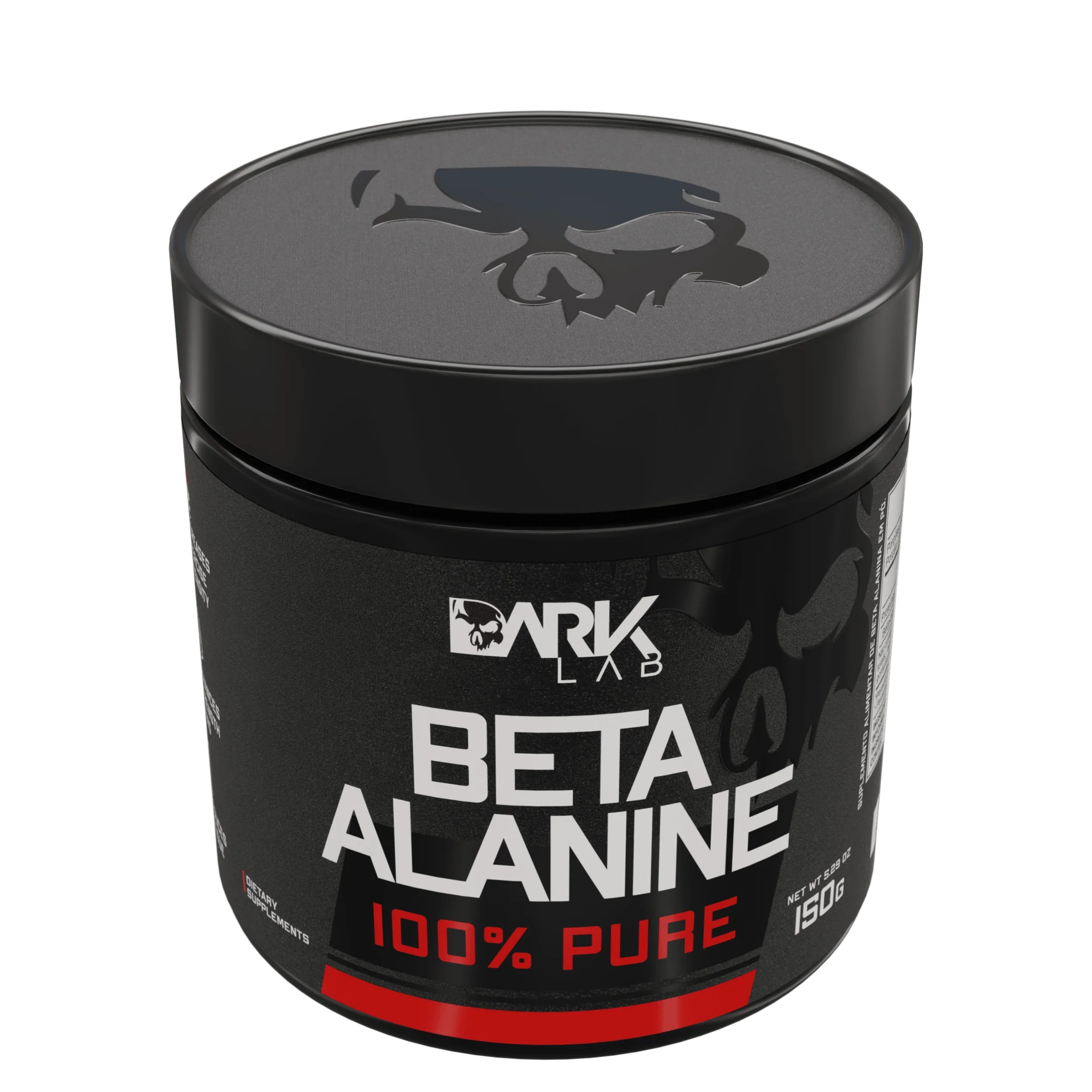 Pote de beta alamina 150g 100% pura da Dark Lab mostrando a tampa da embalagem com a logo da marca em relevo