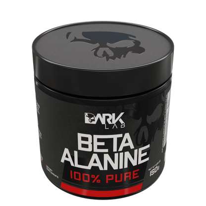 Pote de beta alamina 150g 100% pura da Dark Lab mostrando a tampa da embalagem com a logo da marca em relevo