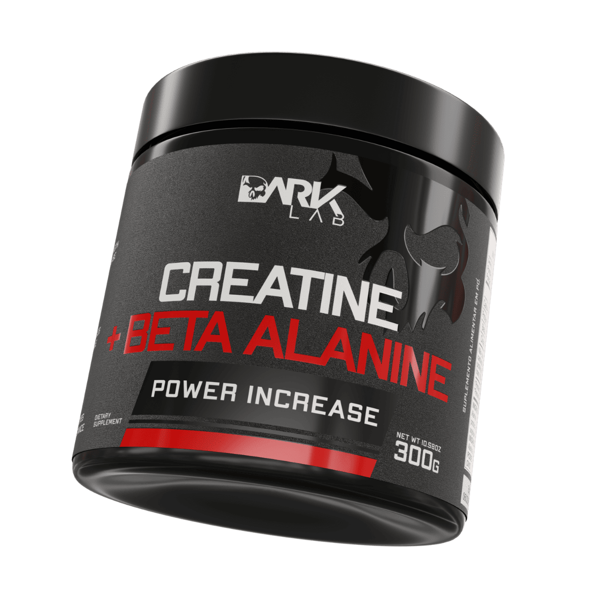 Pote de 300g de creatina + beta alamina da marca Dark Lab levemente inclinado