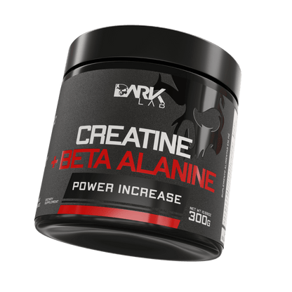 Pote de 300g de creatina + beta alamina da marca Dark Lab levemente inclinado