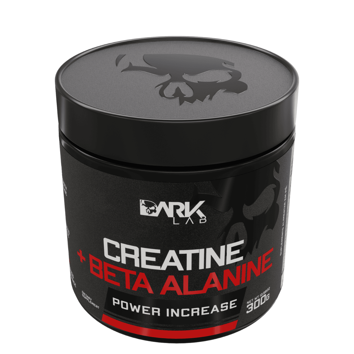 Pote de creatina mais beta alamina ark Lab de 350g mostrando detalhe da logo marca na tampa do produto
