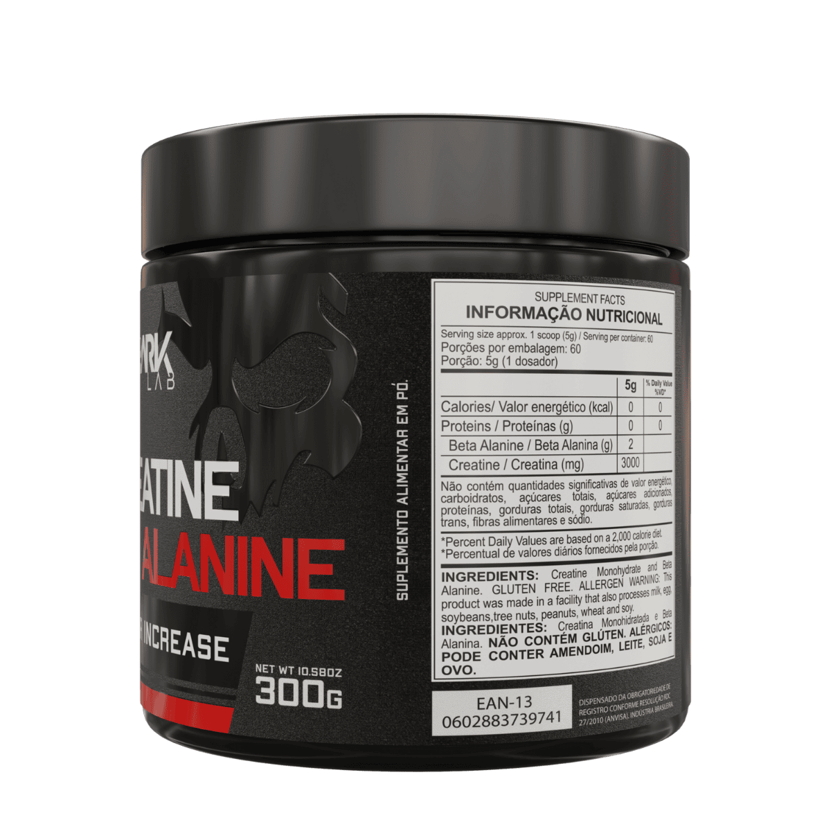 Informações nutricionais do pote de creatina mais beta alamina de 350g da Dark Lab