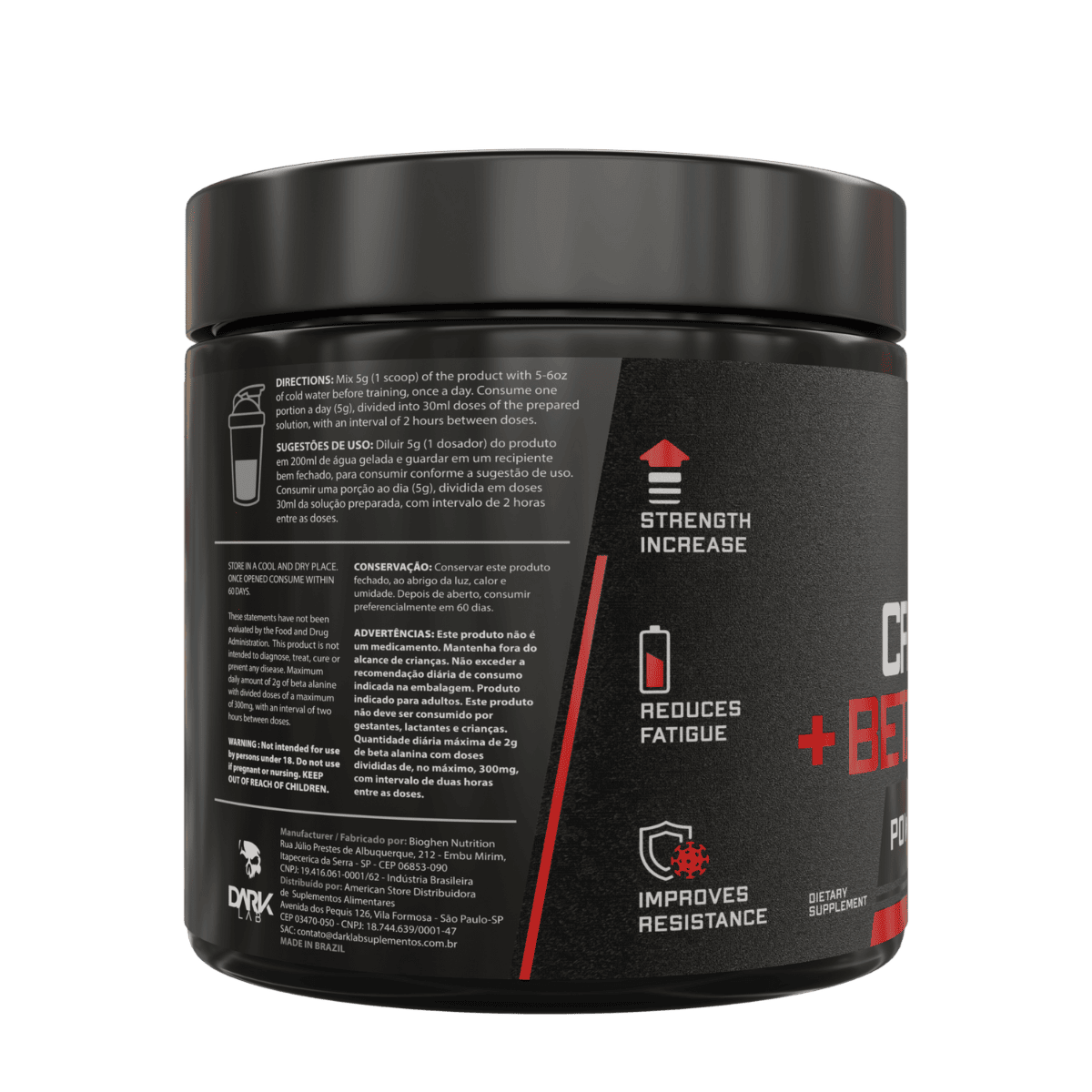 Embalagem de 350g da Creatina mais Beta alamina da Dark Lab mostrando as informações de como tomar, composição e outras informações do produto.