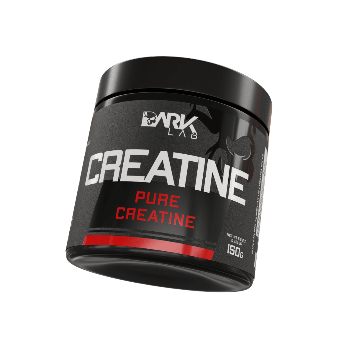 Pote de creatina pura da Dark Lab com 150g levemente inclinado