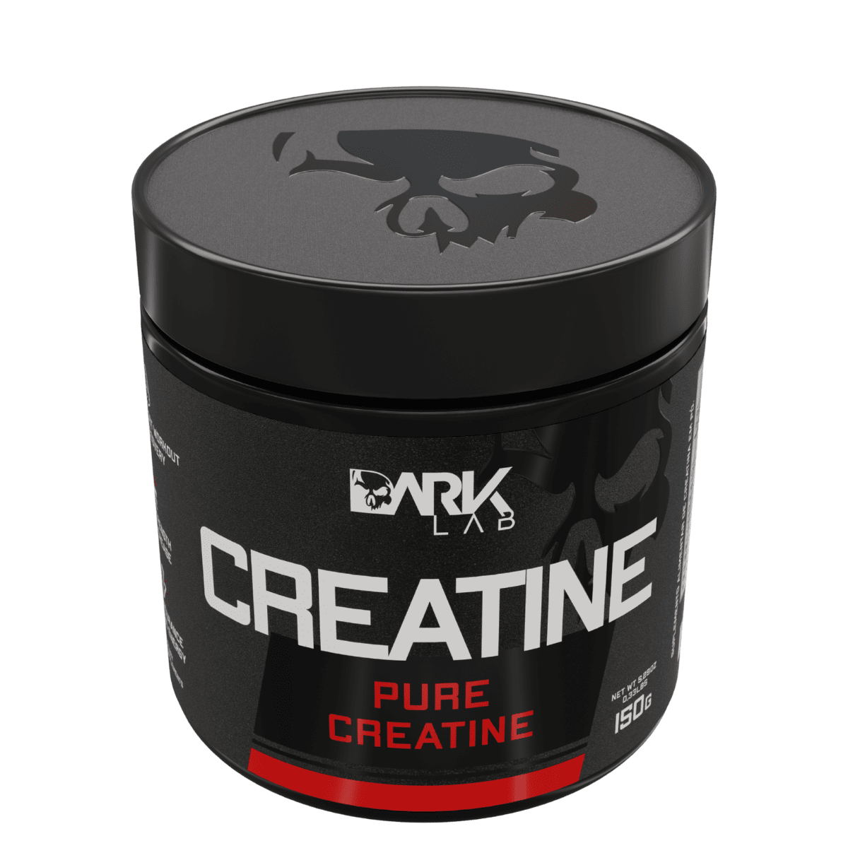 Pote de creatina de 150g da Dark Lab com detalhe da caveira ícone da marca na tampa da embalagem