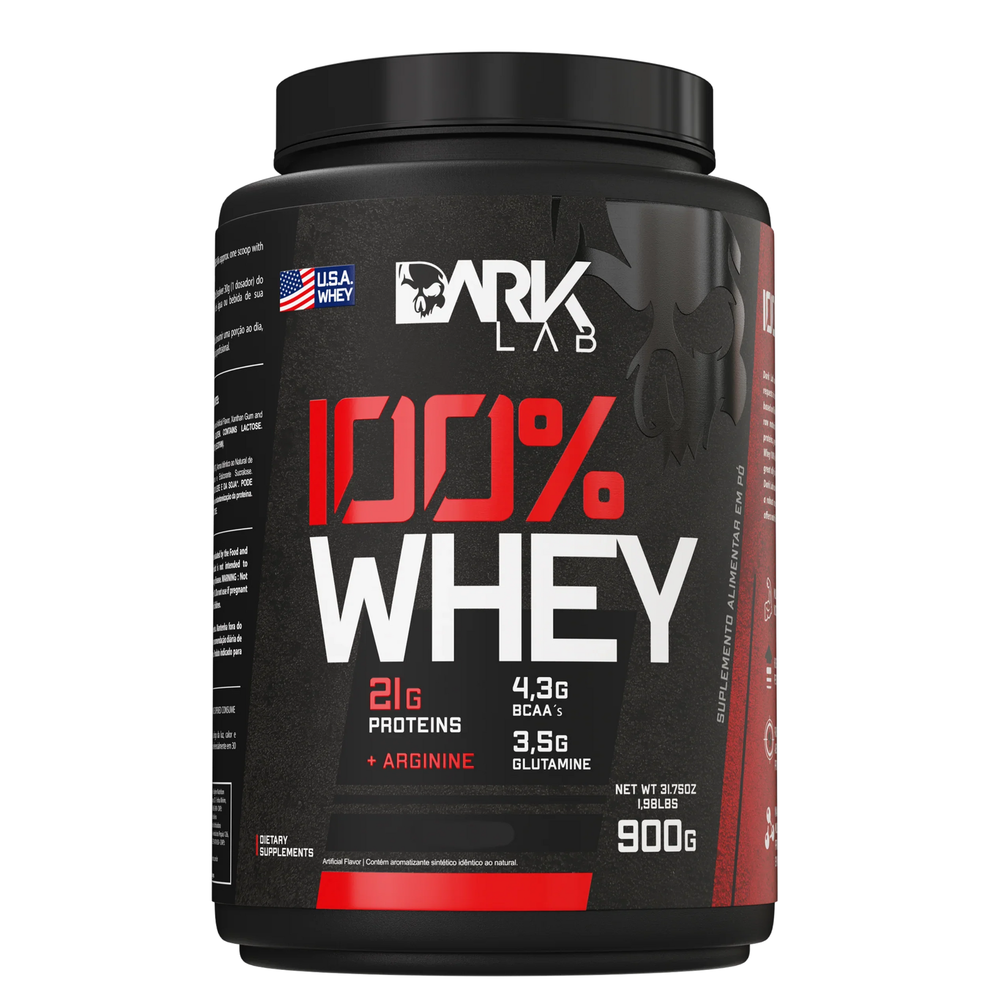 Embalagem pote com 900g de Whey protein 100% da marca Dark Lab 