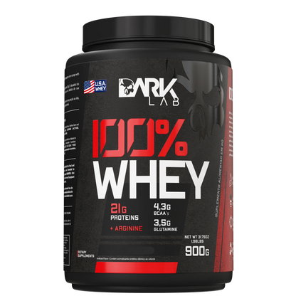 Embalagem pote com 900g de Whey protein 100% da marca Dark Lab 