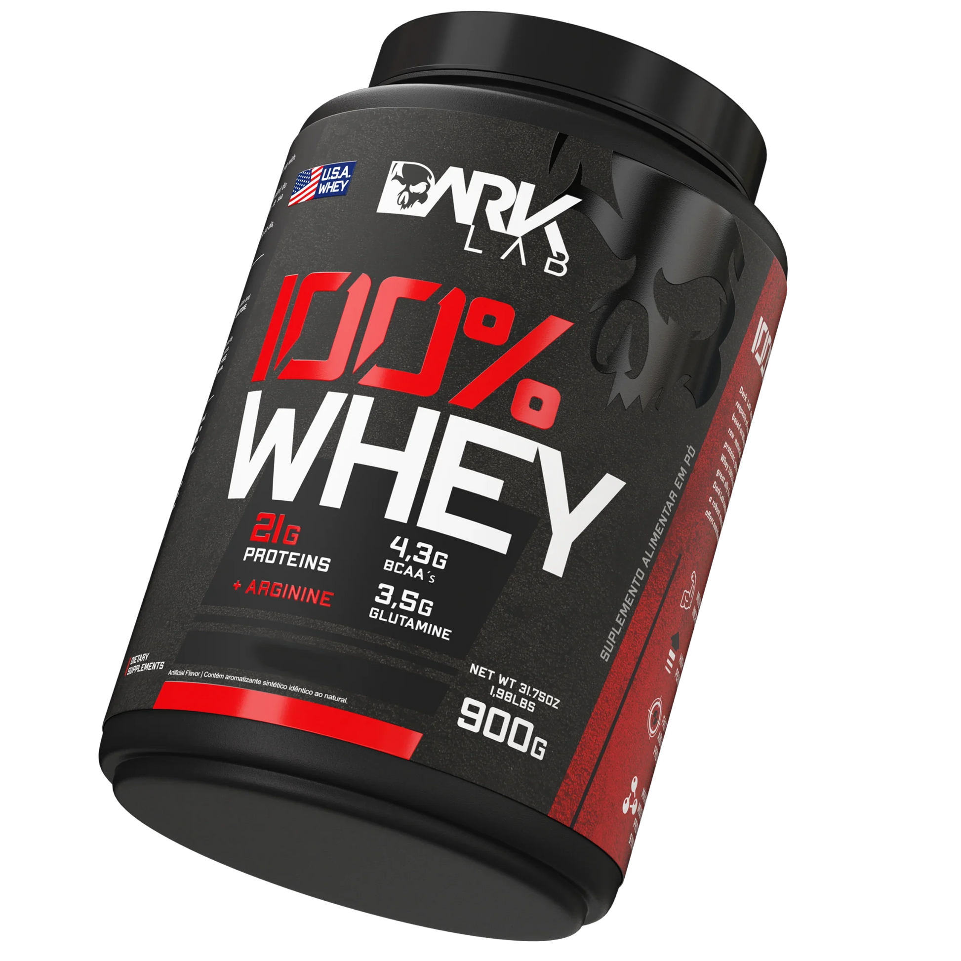 Embalagem pote levemente inclinado de 900g de whey protein 100% da marca Dark Lab 