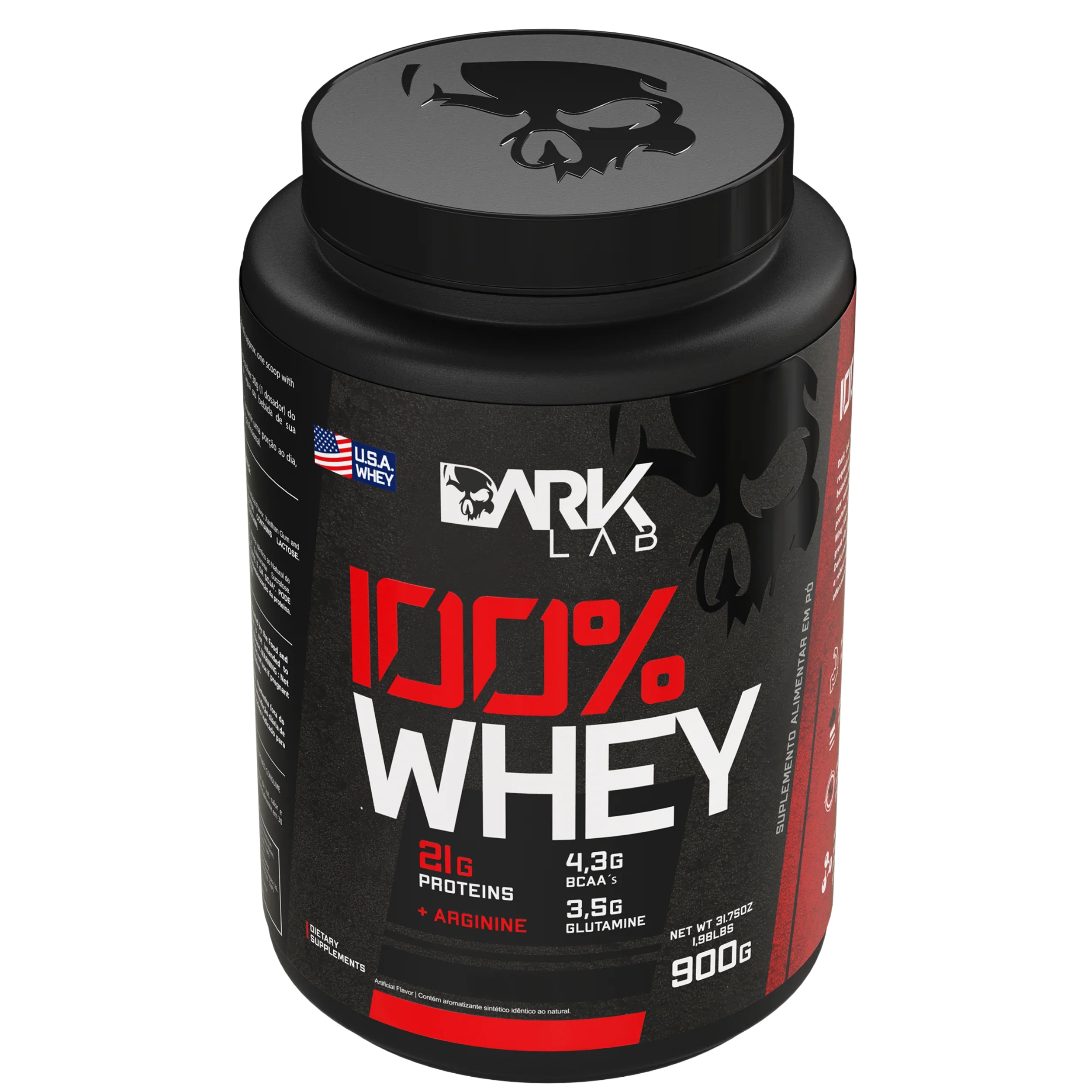 Pote de 900g do whey protein da Dark Lab levemente inclinado mostrando sua tampa com a logo da Dark Lab em relevo