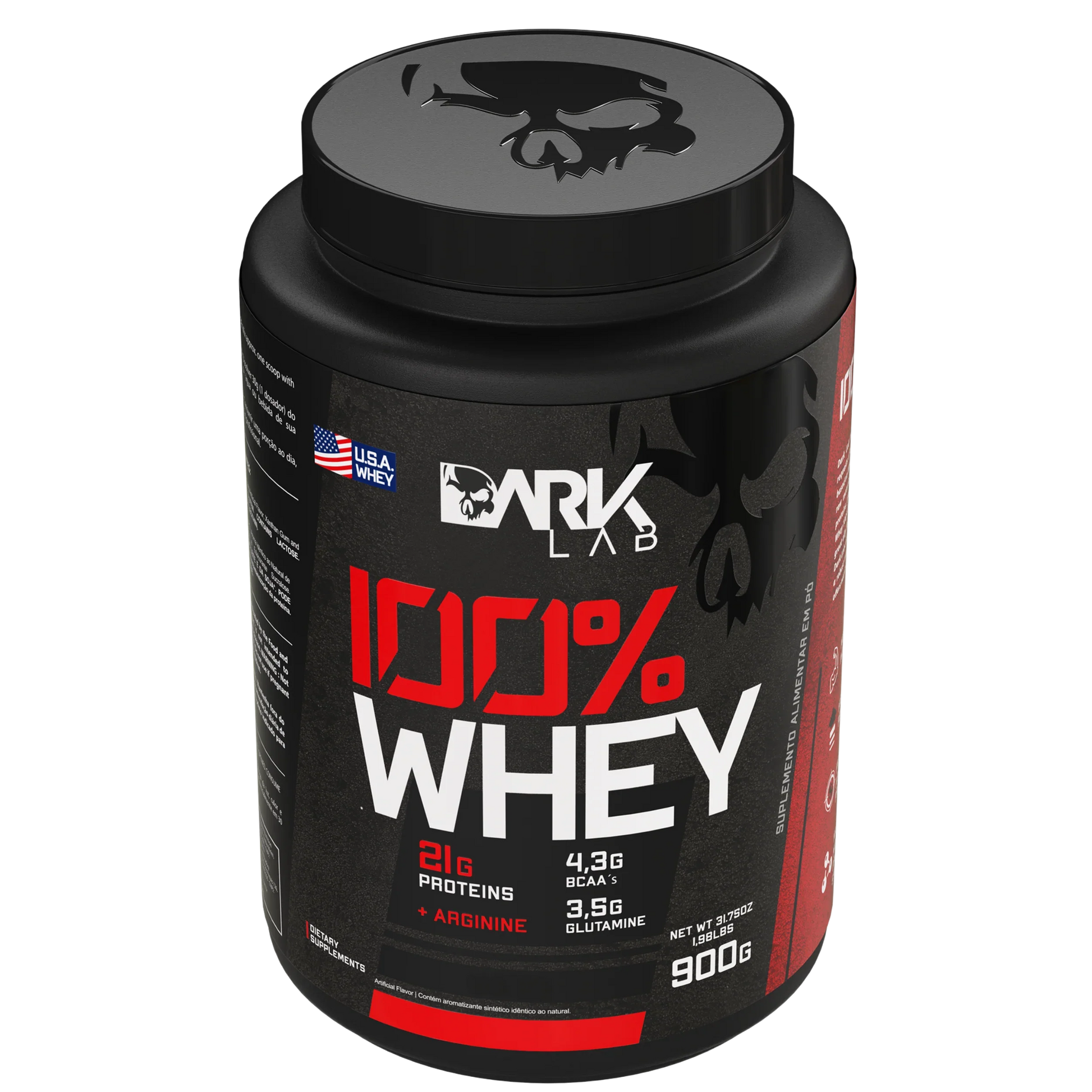 Pote de 900g do whey protein da Dark Lab levemente inclinado mostrando sua tampa com a logo da Dark Lab em relevo