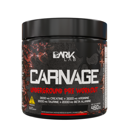 Pote de 450g do pré-treino Carnage Underground pre workout mostrando o rótulo frontal da embalagem
