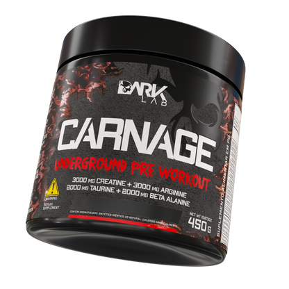 Pote levemente inclinado de 450g do pré-treino Carnage Underground pre workout mostrando o rótulo frontal da embalagem