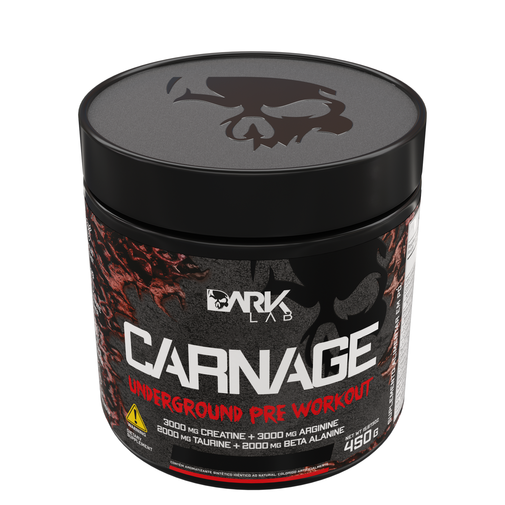 Pote de 450g do pré-treino Carnage Underground pre workout levemente inclinado mostrando a tampa da embalagem que contém a caveira símbolo da marca Dark Lab
