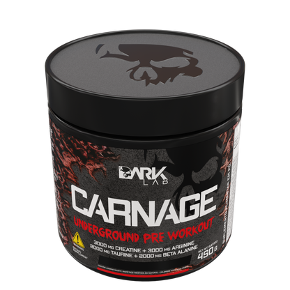 Pote de 450g do pré-treino Carnage Underground pre workout levemente inclinado mostrando a tampa da embalagem que contém a caveira símbolo da marca Dark Lab
