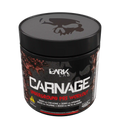 Pote de 450g do pré-treino Carnage Underground pre workout levemente inclinado mostrando a tampa da embalagem que contém a caveira símbolo da marca Dark Lab
