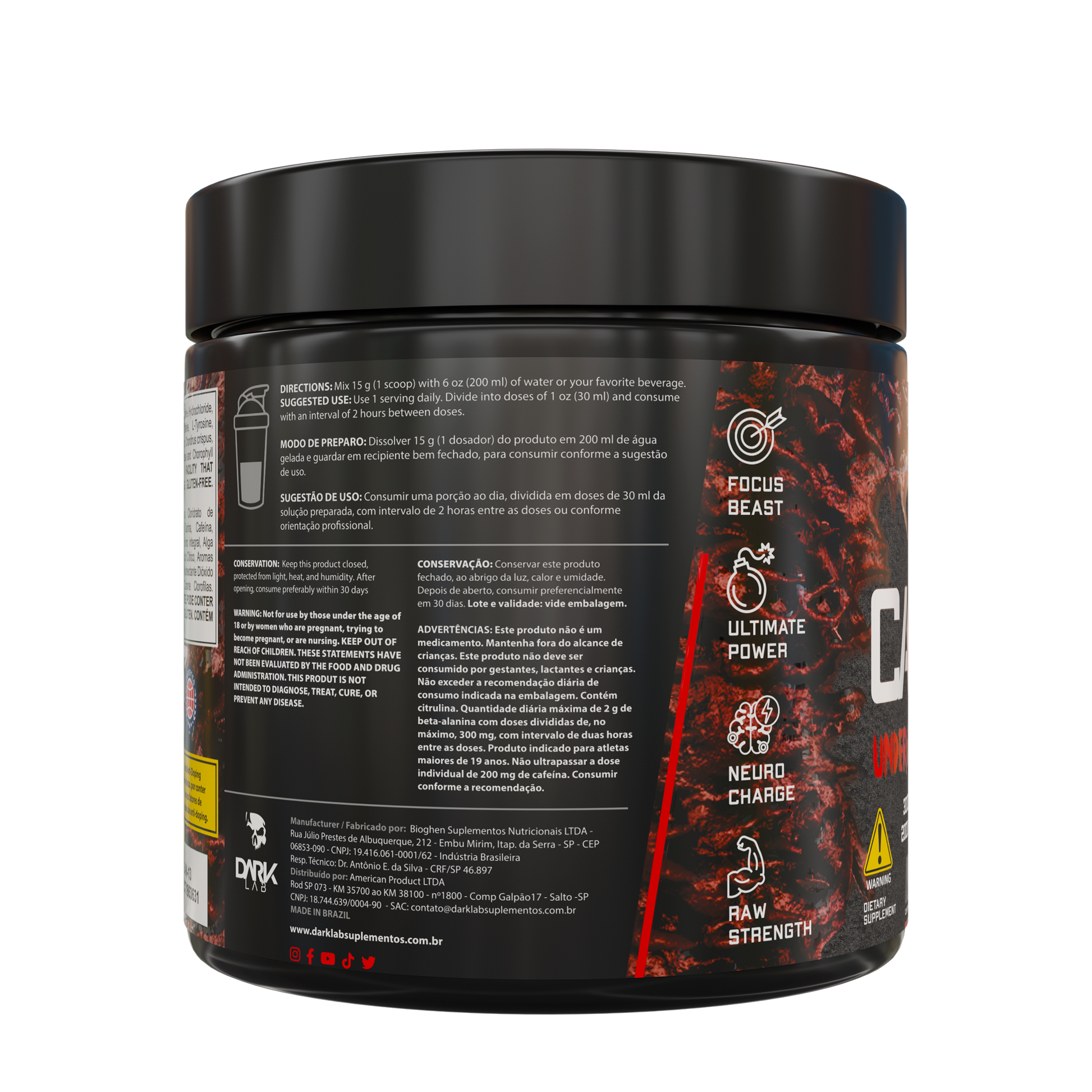 Parte lateral do pote de 450g do pré-treino Carnage Underground pre workout da Dark Lab mostrando as informações de preparo e outras informações do suplemento.