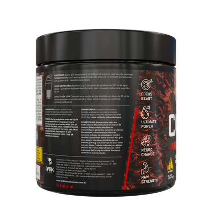 Parte lateral do pote de 450g do pré-treino Carnage Underground pre workout da Dark Lab mostrando as informações de preparo e outras informações do suplemento.
