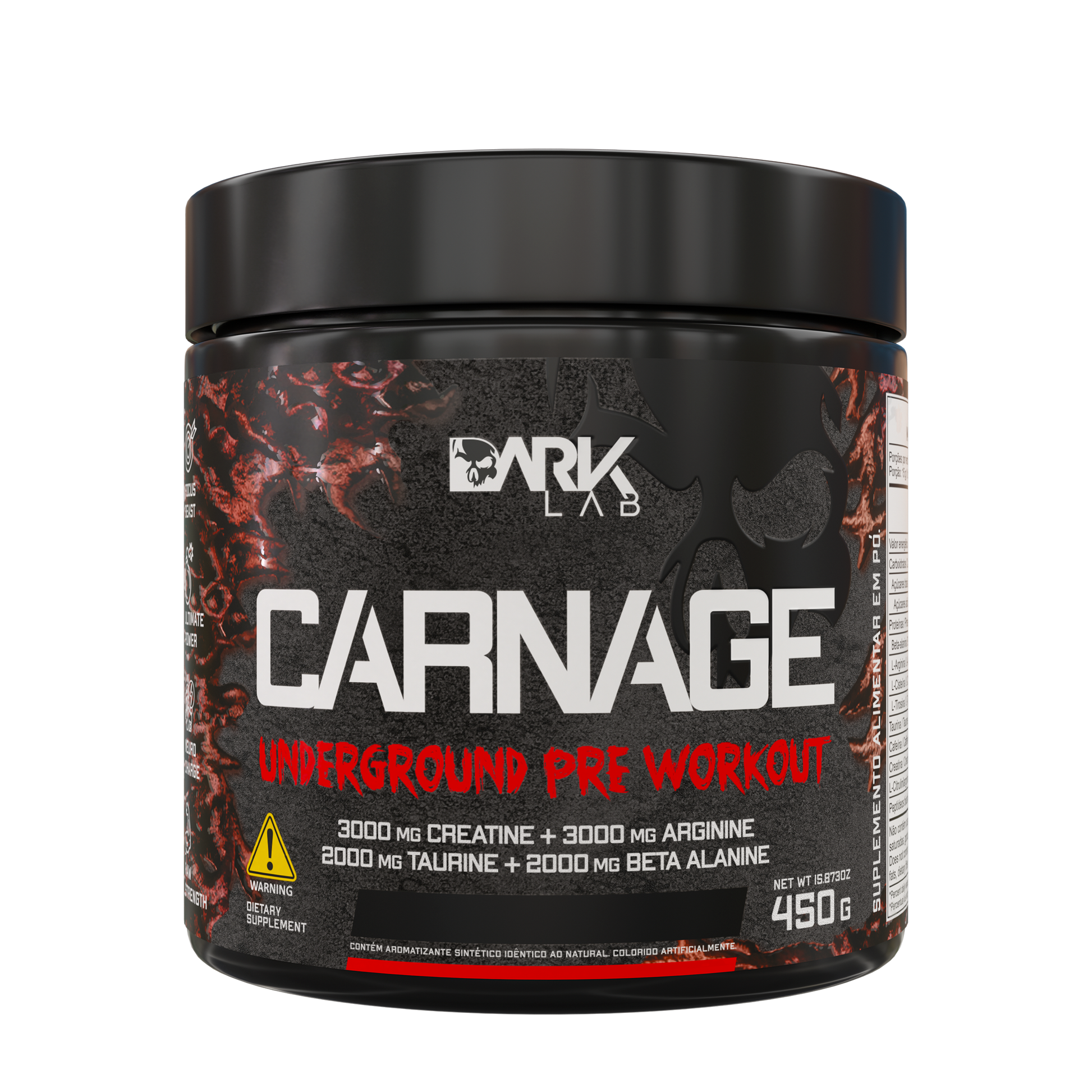 Parte da frente do pote de 450g do pré-treino Carnage Underground pre workout da marca Dark Lab mostrando o rótulo frontal do suplemento.