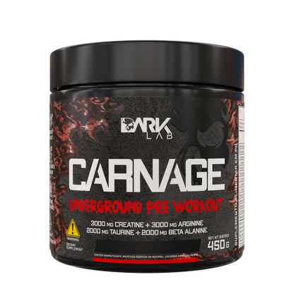 Parte da frente do pote de 450g do pré-treino Carnage Underground pre workout da marca Dark Lab mostrando o rótulo frontal do suplemento.