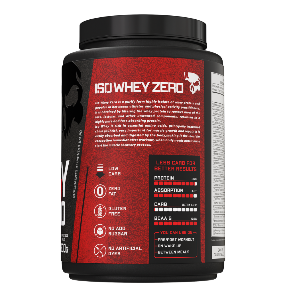 Informações e características do Iso Whey Zero Low Carb, a proteína isolada pura da Dark Lab no porte de 900g.